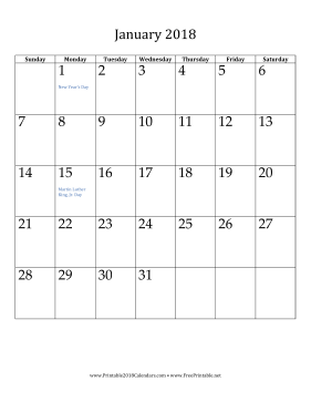 January 2018 Calendar (vertical) Calendar