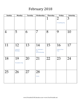 February 2018 Calendar (vertical) Calendar