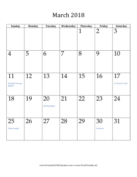 March 2018 Calendar (vertical) Calendar