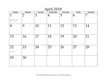 April 2018 Calendar Calendar