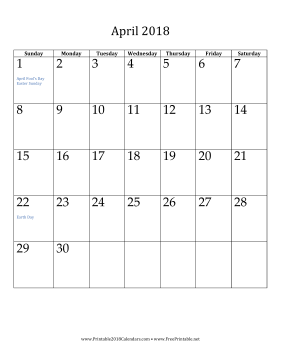 April 2018 Calendar (vertical) Calendar
