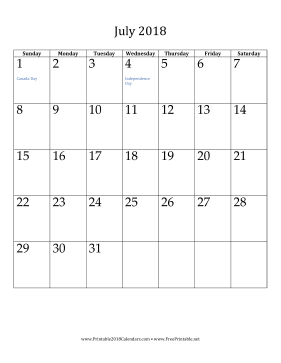 July 2018 Calendar (vertical) Calendar