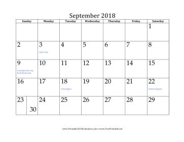 September 2018 Calendar Calendar