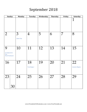 September 2018 Calendar (vertical) Calendar