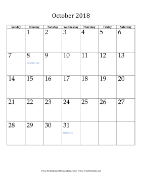 October 2018 Calendar (vertical) Calendar