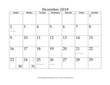 December 2018 Calendar Calendar