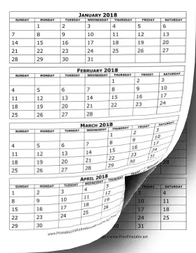 2018 Calendar Four Months Per Page Calendar