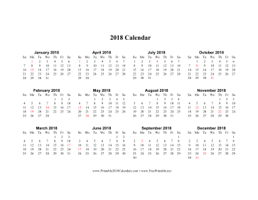 2018 Calendar (horizontal descending holidays in red) Calendar