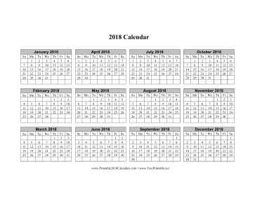 2018 Calendar (horizontal grid descending) Calendar