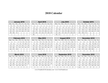 2018 Calendar on one page (horizontal week starts on Monday) Calendar