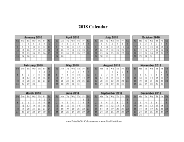 2018 Calendar on one page (horizontal shaded weekends) Calendar