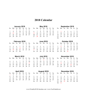 2018 Calendar (vertical descending holidays in red) Calendar