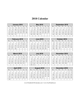 2018 Calendar on one page (vertical week starts on Monday) Calendar