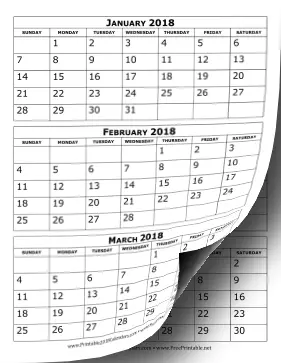 2018 Calendar Three Months Per Page Calendar