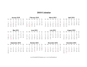 2018 Calendar on one page (horizontal holidays in red) calendar