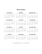 2018 Calendar (vertical descending holidays in red) calendar