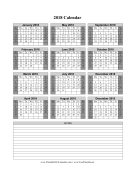2018 Calendar on one page (vertical shaded weekends notes) calendar