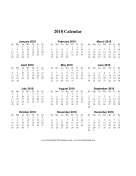 2018 Calendar on one page (vertical holidays in red) calendar