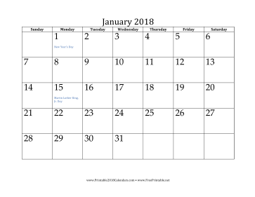 January 2018 Calendar Calendar