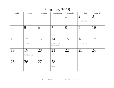 February 2018 Calendar Calendar