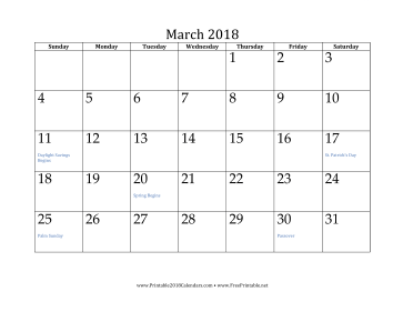 March 2018 Calendar Calendar
