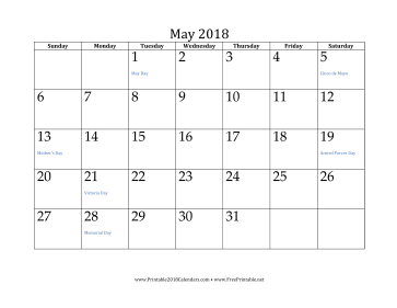 May 2018 Calendar Calendar