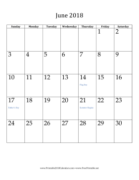 June 2018 Calendar (vertical) Calendar
