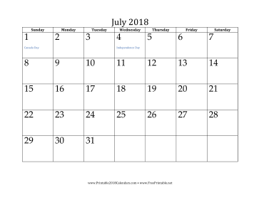 July 2018 Calendar Calendar