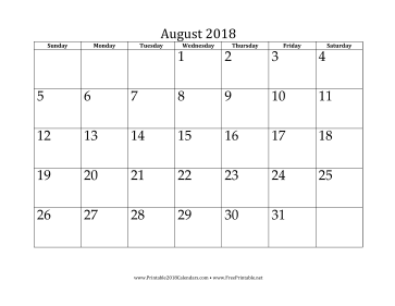 August 2018 Calendar Calendar