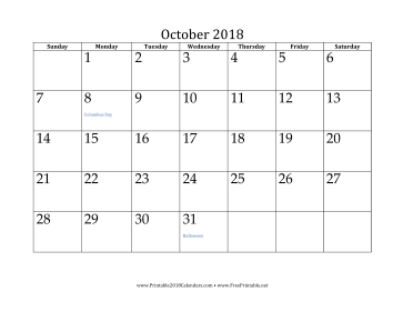 October 2018 Calendar Calendar