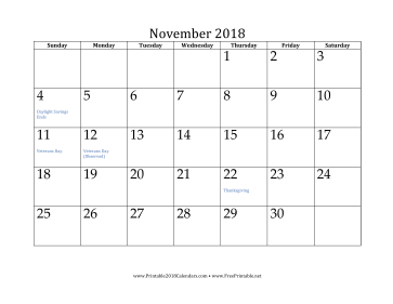 November 2018 Calendar Calendar