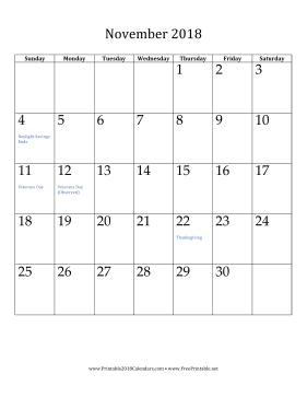 November 2018 Calendar (vertical) Calendar