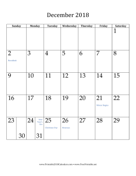 December 2018 Calendar (vertical) Calendar