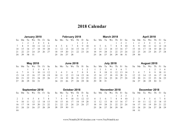 2018 Calendar on one page (horizontal) Calendar