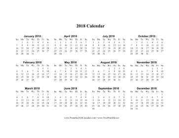 2018 Calendar (horizontal descending) Calendar