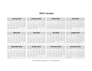 2018 Calendar on one page (horizontal grid) Calendar