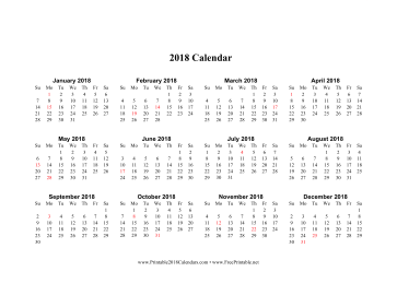 2018 Calendar on one page (horizontal holidays in red) Calendar