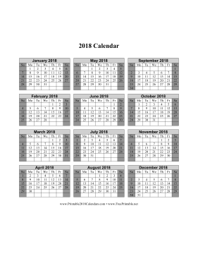2018 Calendar on one page (vertical shaded weekends) Calendar