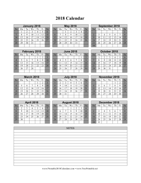 2018 Calendar on one page (vertical shaded weekends notes) Calendar