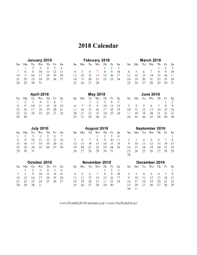 2018 Calendar on one page (vertical holidays in red) Calendar