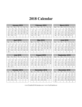 2018 Calendar on one page (vertical months run across page week starts on Monday) Calendar