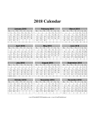 2018 Calendar on one page (vertical months run across page week starts on Monday) calendar